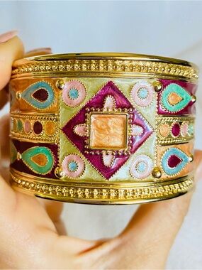 Beautiful Gold Colorful Enamel Cuff Bracelet, Very Eye Catching